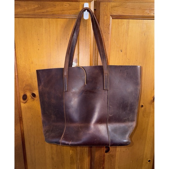 Leather Tote Bag Purse Double Top Handle Shoulder Brown Distressed Boho Minimal - Picture 5 of 16